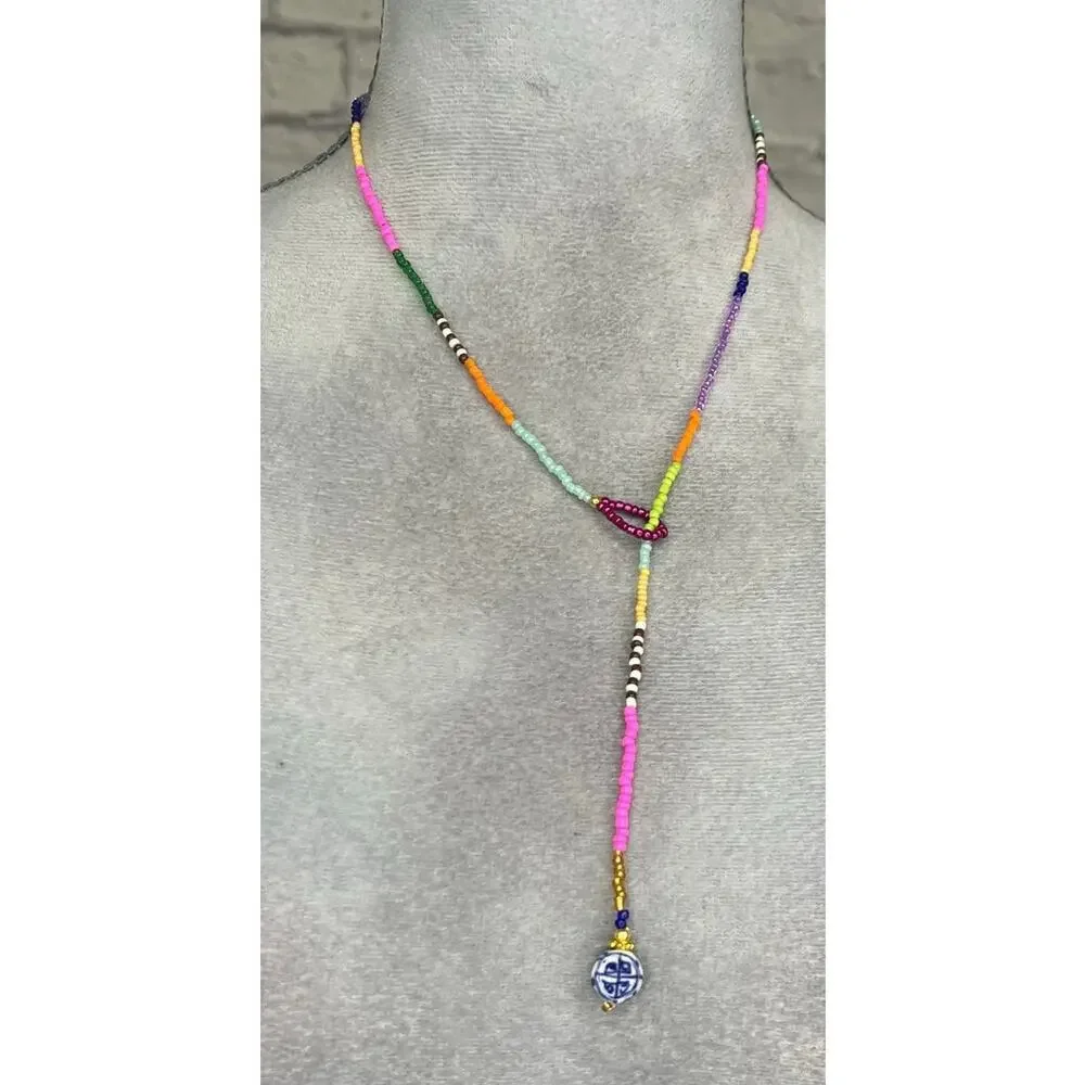 Handmade Vibrant Boho Seed Bead Drop Necklace